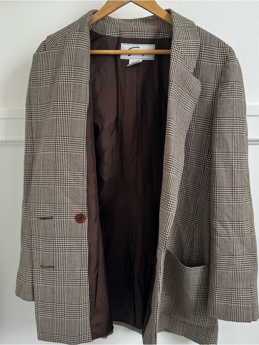 100% Wool Checked & Houndstooth Brown Plaid Blazer - Picture 10 of 13